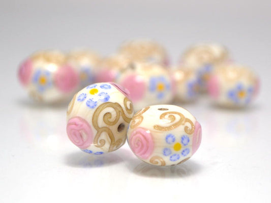 murano glass ivory lampwork ethnic beads jewelry making venetian italian handmade bead beige pink blue artisan lampwork round gold curles