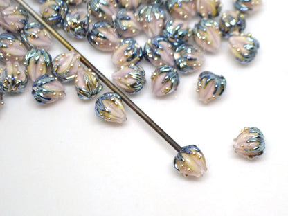 Very tiny 7mm pale pink flower glass beads, Small flower beads,  Half drilled beads, Small flower charm, through hole