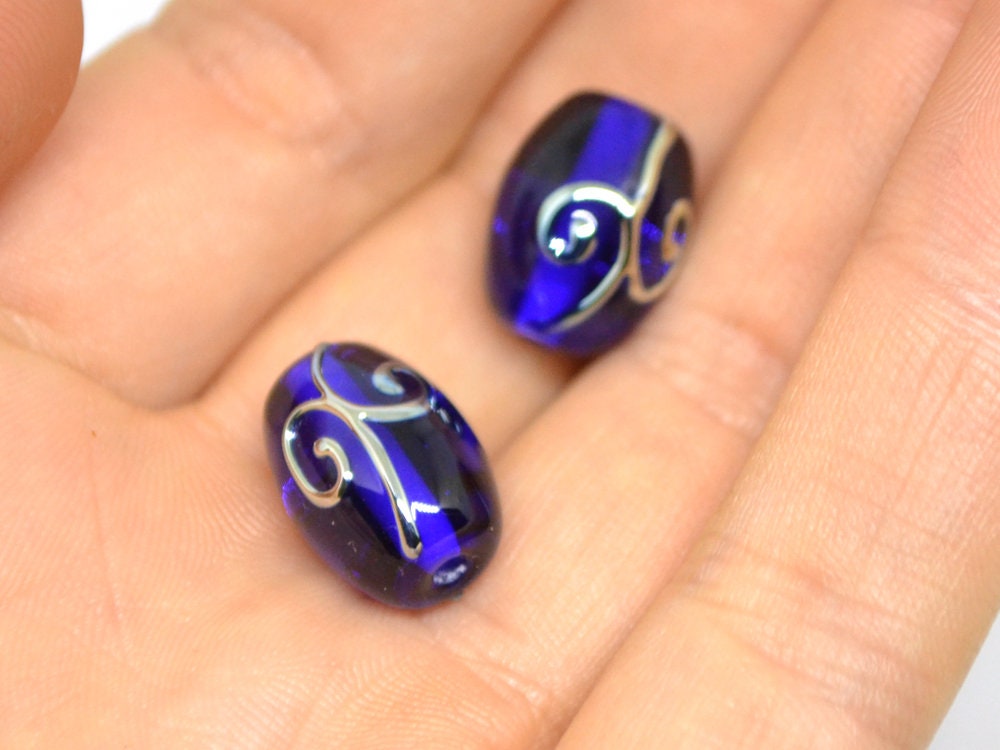 Cobalt blue rice glass beads silver curles, Barrel Oval lampwork beads for you, Artisan lampwork, Jewelry supplies earrings making spacer