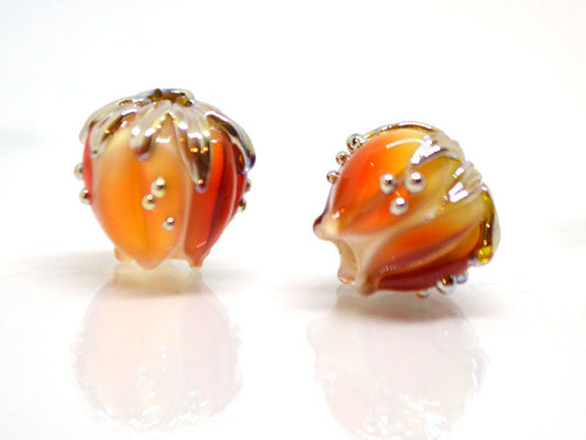 Red orange glass beads gold dots, 10mm flower beads, Artisan lampwork bead, Red lampwork spacer, Craft beads, Floral lampwork, Flower spacer