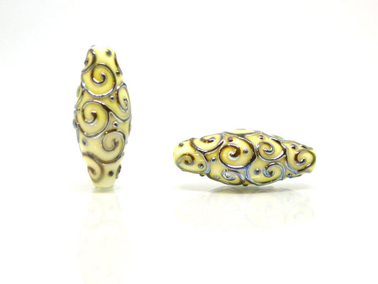 Ivory rhombus focal beads with gold curls, White milk glass beads, Mirror effect beads, Artisan lampwork