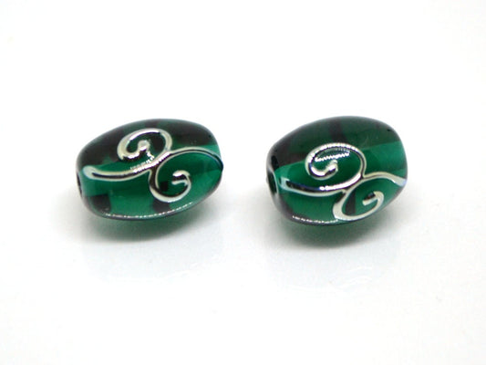 Emerald green oval glass beads silver curles, Barrel lampwork beads, Handmade glass, Jewelry supplies, Bead set, Beads for necklace jewelry