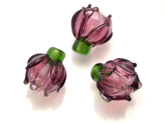 purple flower lampwork glass bud beads floral jewelry making set artisan lampwork earrings necklace violet amethyst transparent green