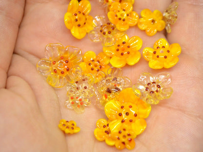 Yellow glass beads, Set of 12pcs, Honey yellow flower beads, Golden yellow beads, Topaz yellow beads, Floral lampwork, Artisan Lampwork bead