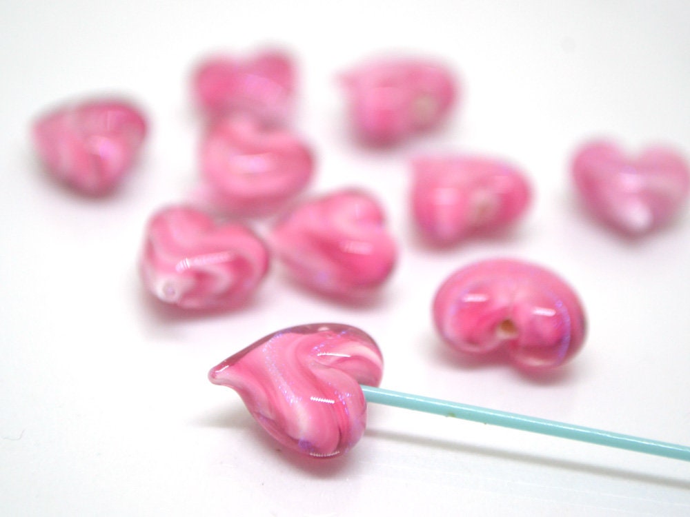 Pink heart beads, Pink glass bead, Heart jewelry making, Sparkle Lampwork heart, Heart shape, Glass Heart charm, Half-drilled beads