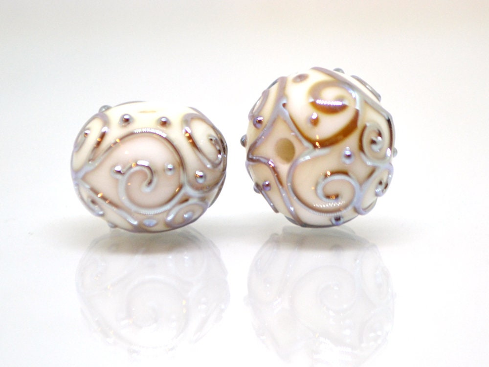 White beads with silver curls, Glass art beads, Handmade lampwork beads, Artisan lampwork Set, Round beads, Jewelry making, Beads set