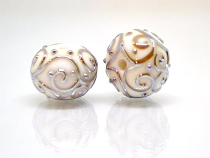 White beads with silver curls, Glass art beads, Handmade lampwork beads, Artisan lampwork Set, Round beads, Jewelry making, Beads set