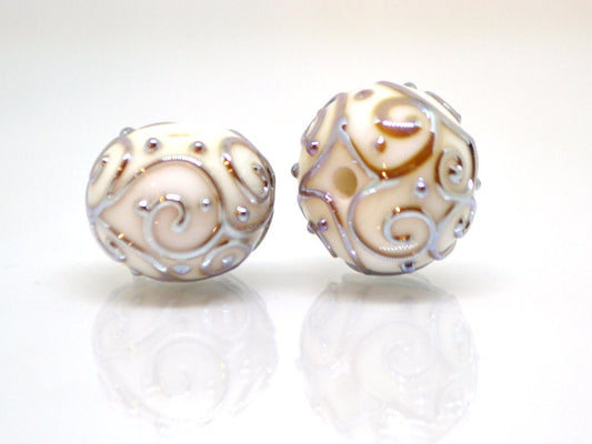 White beads with silver curls, Glass art beads, Handmade lampwork beads, Artisan lampwork Set, Round beads, Jewelry making, Beads set