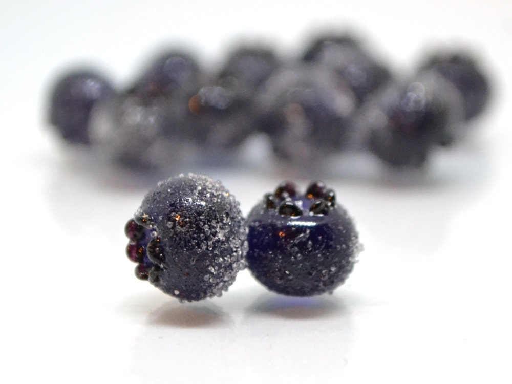Dark purple glass berries, Frost berry beads, Lampwork blueberry, Purple berry, Glass fruits