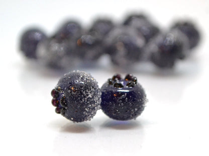 Dark purple glass berries, Frost berry beads, Lampwork blueberry, Purple berry, Glass fruits