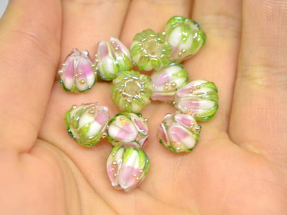 Pink milk glass beads, 10mm flower beads, Two tone beads, Floral theme beads, Floral lampwork, Artisan lampwork, bud green leaf, Jewelry