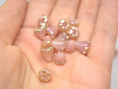 Pink floral beads with gold leaves, Peach pinky flower beads, Tiny glass beads, Light pink 7mm flower beads, Handmade lampwork