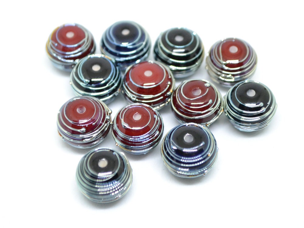 Black Red lampwork Handmade Beads, Stripes beads, Silver Stains beads, silver patterns, electric beads