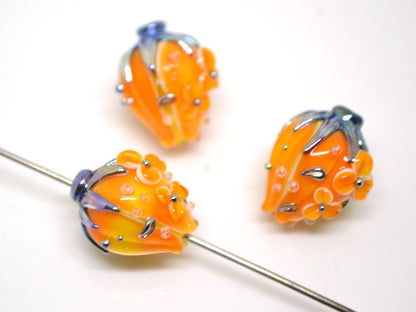 Light Orange flower bouquet lampwork beads, Honey yellow lampwork beads, SRA beads, Floral lampwork
