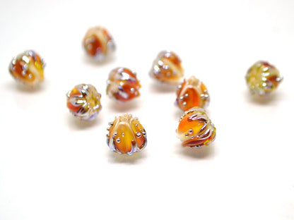 Tiny orange flower beads with gold leaves, Small glass beads, 7mm flower beads, beads for jewelry, Artisan lampwork