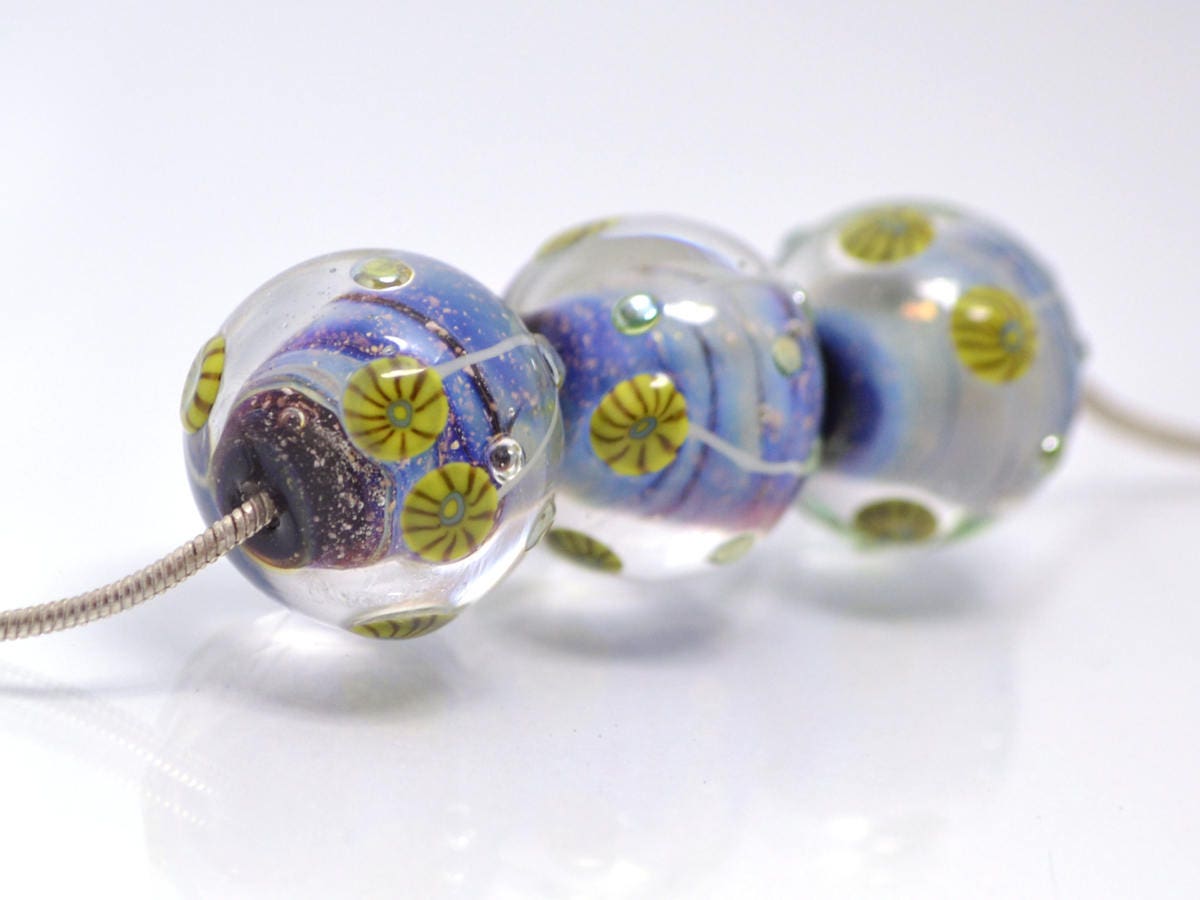 Nautical Lampwork bead handmade blue green yellow dust millefiori focal artisan lampwork aquarium set of beads for Jewelry making pendant