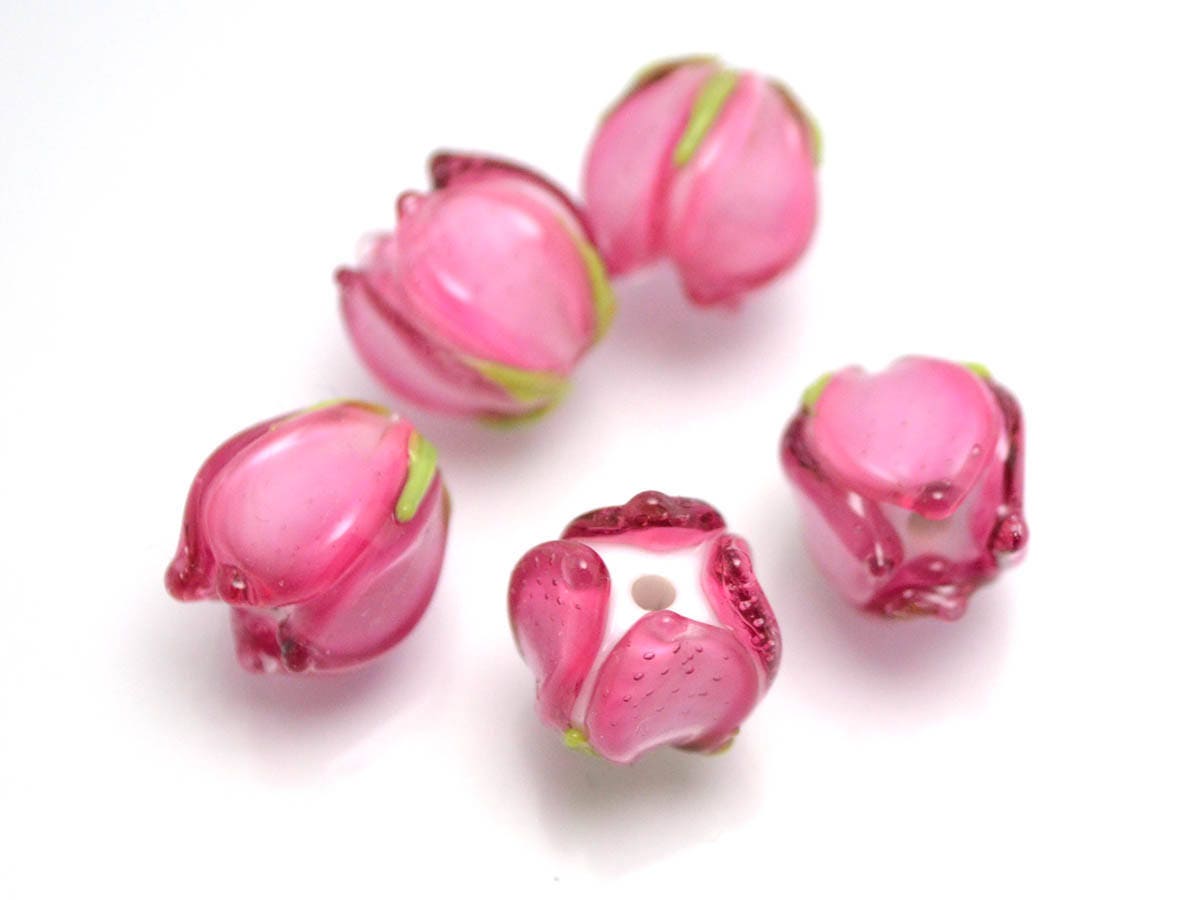 pink flower lampwork bead tender floral glass bud artisan handmade wedding jewelry making bracelet necklace pendant earrings bead set Leaf