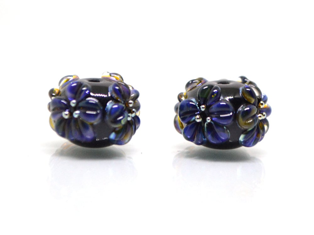 Dark lavender flower beads, Rondelle flower beads, Black blue glass beads, Spacer flower beads, Rondelle lampwork, Rondelle spacer bead