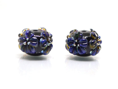 Dark lavender flower beads, Rondelle flower beads, Black blue glass beads, Spacer flower beads, Rondelle lampwork, Rondelle spacer bead