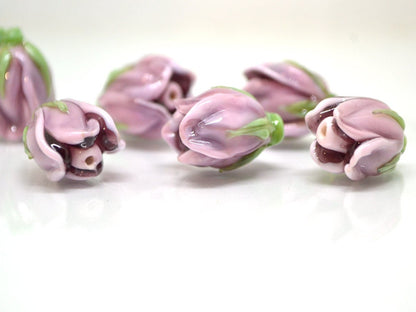 Lampwork Magnolia, Glass flower beads, Lilac glass floral beads, Artisan lampwork, Pastel pink bead, Focal glass beads, Handmade lampwork