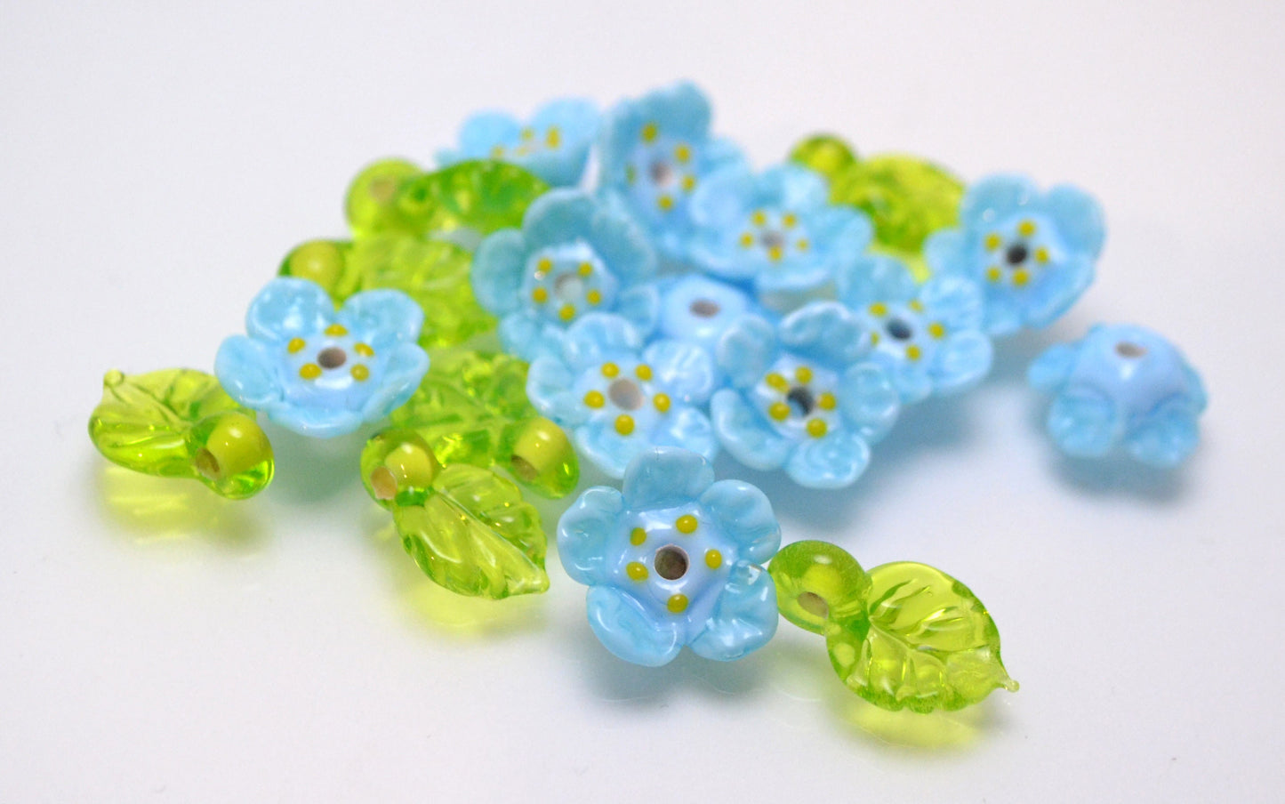 blue jewelry flower blue flower bead necklace making set bracelet making set handmade jewelry green leaf glass artisan lampwork  wildflower