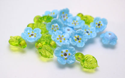 blue jewelry flower blue flower bead necklace making set bracelet making set handmade jewelry green leaf glass artisan lampwork  wildflower
