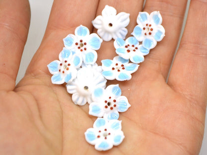White blue glass flower beads, Blue floral lampwork, Glass blossom beads, Artisan lampwork bead, Jewelry beads, 3d Embroidery beads