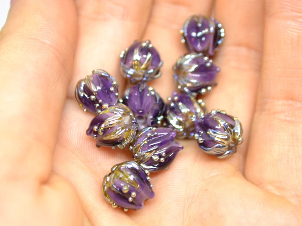 Dark Purple flower beads silver dots, 10mm glass beads, Artisan lampwork, Floral beads, Luxury beads, 3d flower bead, Handmade flower glass