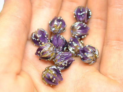 Dark Purple flower beads silver dots, 10mm glass beads, Artisan lampwork, Floral beads, Luxury beads, 3d flower bead, Handmade flower glass
