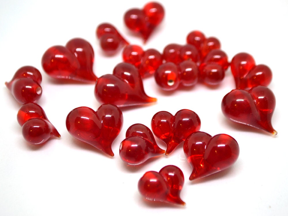 Red heart charm beads, Lampwork heart, Red glass beads, Glass heart shape bead, Murano style bead, Half-drilled beads, Artisan lampwork