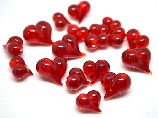 Red heart charm beads, Lampwork heart, Red glass beads, Glass heart shape bead, Murano style bead, Half-drilled beads, Artisan lampwork