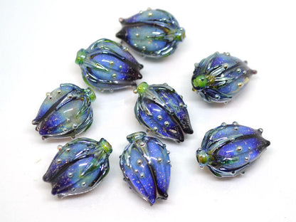 glitter blue glass beads dark blue purple sparkle bead bling beads stardust beads flower lampwork bead floral pendant sparkly dichroic glass