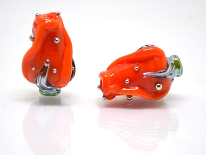 Orange silver twisted rosebud  beads, Flower lampwork bead, SRA beads, Bright colors
