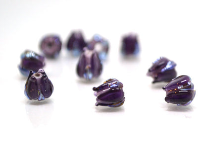 Dark purple small lampwork beads, purple silver flower beads, Tiny glass beads, 7mm flower beads, Artisan lampwork