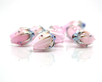 Milk pink and gold flower glass beads, Floral lampwork, Beads for jewelry, Artisan lampwork, Light pink beads, Handmade glass beads for you