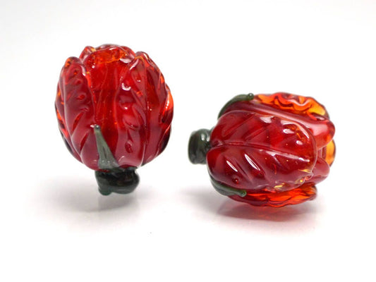 Handmade Flower Beads for earrings Floral Lampwork beads Red Glass Flower Crocus beads Marsala Sra lampwork beads Spring beads Transparent