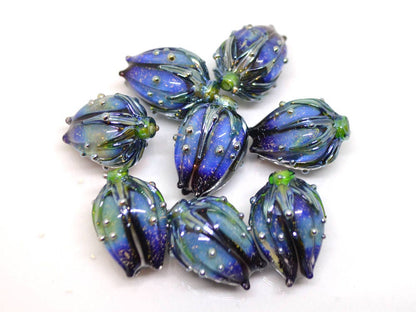 glitter blue glass beads dark blue purple sparkle bead bling beads stardust beads flower lampwork bead floral pendant sparkly dichroic glass