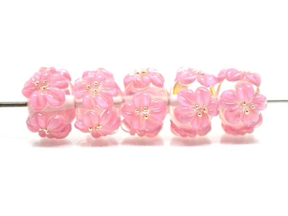 Pink flower beads, Clear Rondelle beads with flowers, Rondelle lampwork, Handmade lampwork, rondelle glass beads, lampwork spacer,Pink bead