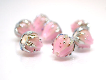 Tender Pale pink glass flower beads gold leaves, Artisan lampwork, 10mm flower bead, Pastel pink beads