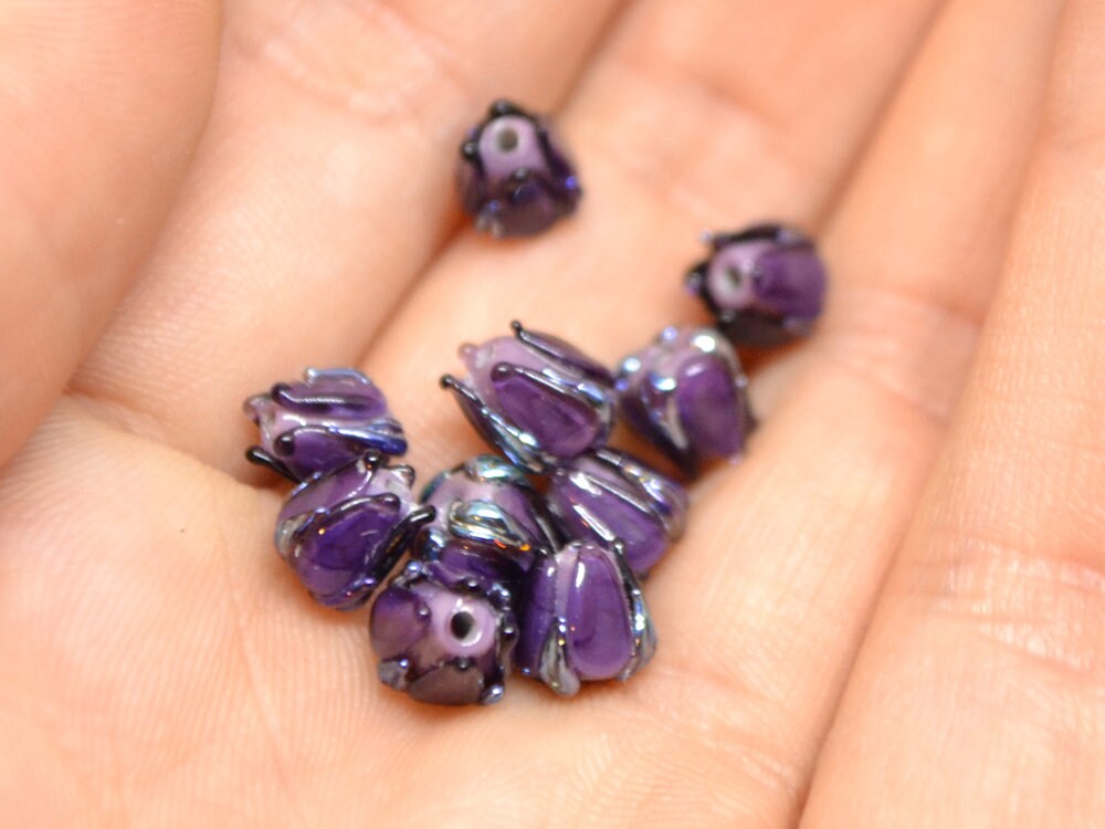 Dark purple small lampwork beads, purple silver flower beads, Tiny glass beads, 7mm flower beads, Artisan lampwork