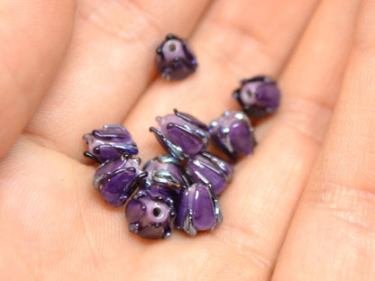 Dark purple small lampwork beads, purple silver flower beads, Tiny glass beads, 7mm flower beads, Artisan lampwork