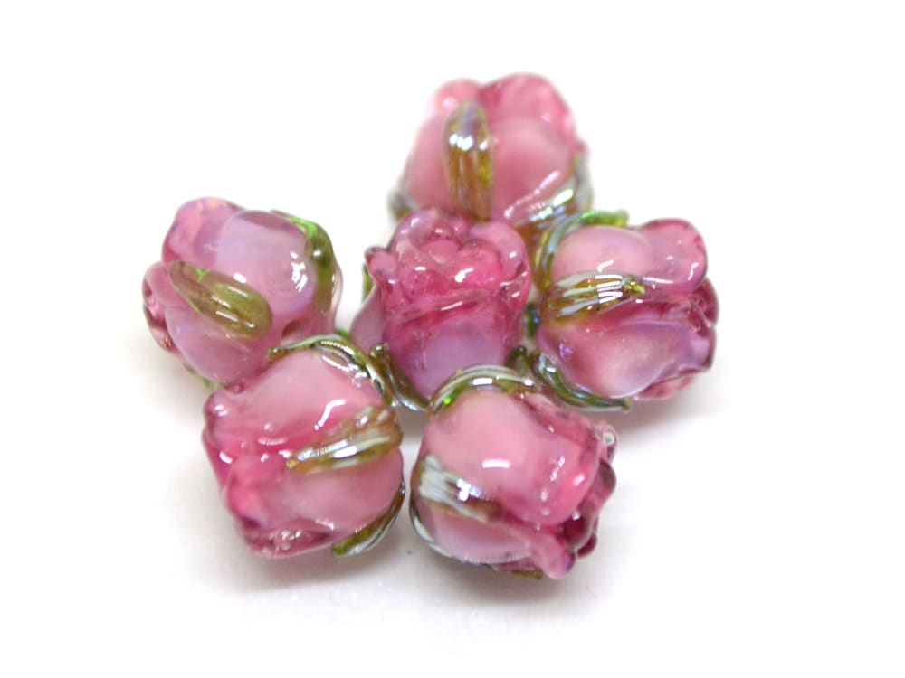 Pink wine 8mm rosebud beads, Pink Floral lampwork, Rose beads, Flower glass beads, Earrings Flower Beads, Murano Beads, Jewelry making