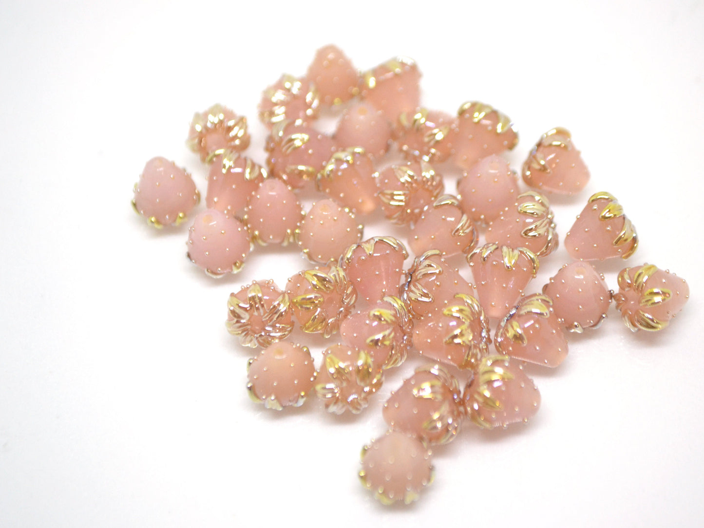 Pink floral beads with gold leaves, Peach pinky flower beads, Tiny glass beads, Light pink 7mm flower beads, Handmade lampwork