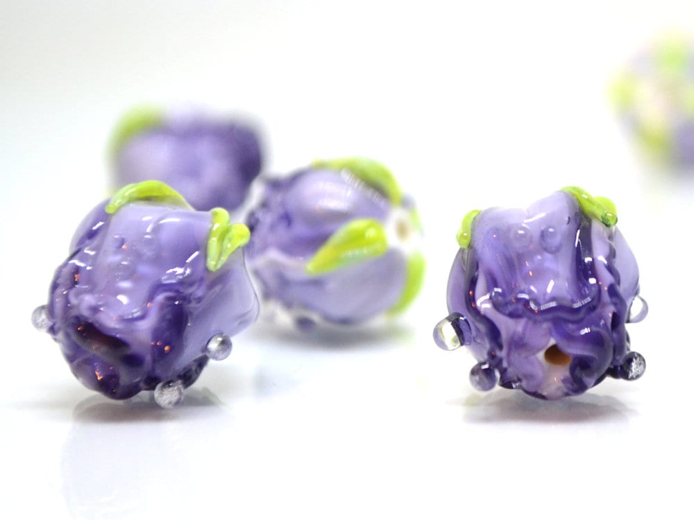 Purple rosebud beads, Violet floral lampwork, Purpure glass beads, Flower glass beads, Floral Jewelry, Jewelry glass beads, OliVerStar beads