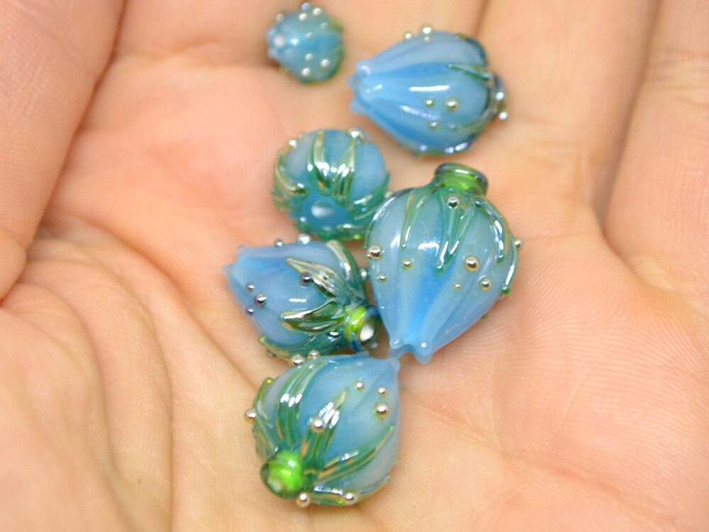 Powder blue glass beads, Handmade glass beads, Lampwork flower beads, Light Blue beads, Pale blue beads, Blue jewelry making,Blue flower bud