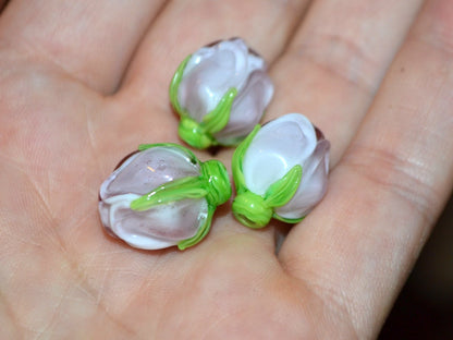 Pale pink flower bud beads, Jewelry glass beads, Blush pink floral lampwork, DIY earrings, Spring lampwork, Flower lampwork beads
