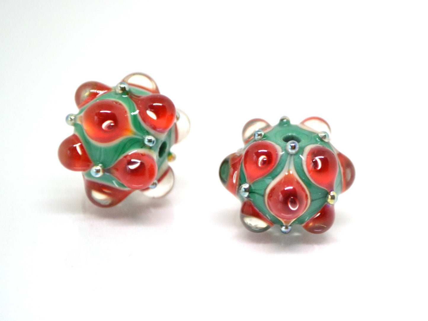 Red Green Lampwork bead, Red dots glass beads, Green lampwork beads, Rondelle beads with dots, Artisan lampwork, Handmade bead
