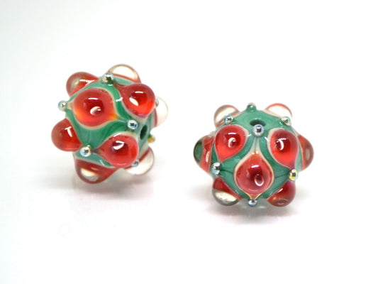 Red Green Lampwork bead, Red dots glass beads, Green lampwork beads, Rondelle beads with dots, Artisan lampwork, Handmade bead