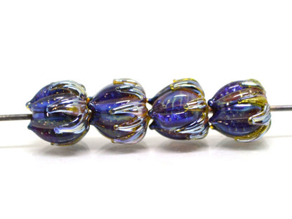 Amazing black blue silver flower beads, Lampwork bud beads, Floral lampwork, 10mm flower beads, Artisan lampwork, galaxy glass beads,netting