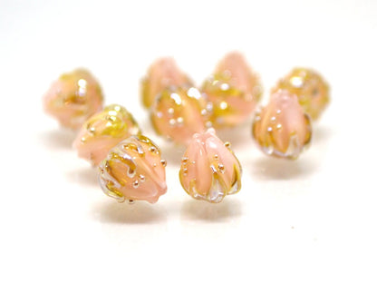Pink gold floral beads, Peach bud flower beads, Tiny glass beads, Pastel pink 7mm flower beads, Artisan lampwork